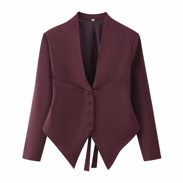 Women tailored blazer jacket with shawl collar, asymmetrical pointed hem and button closure Mune Fashion