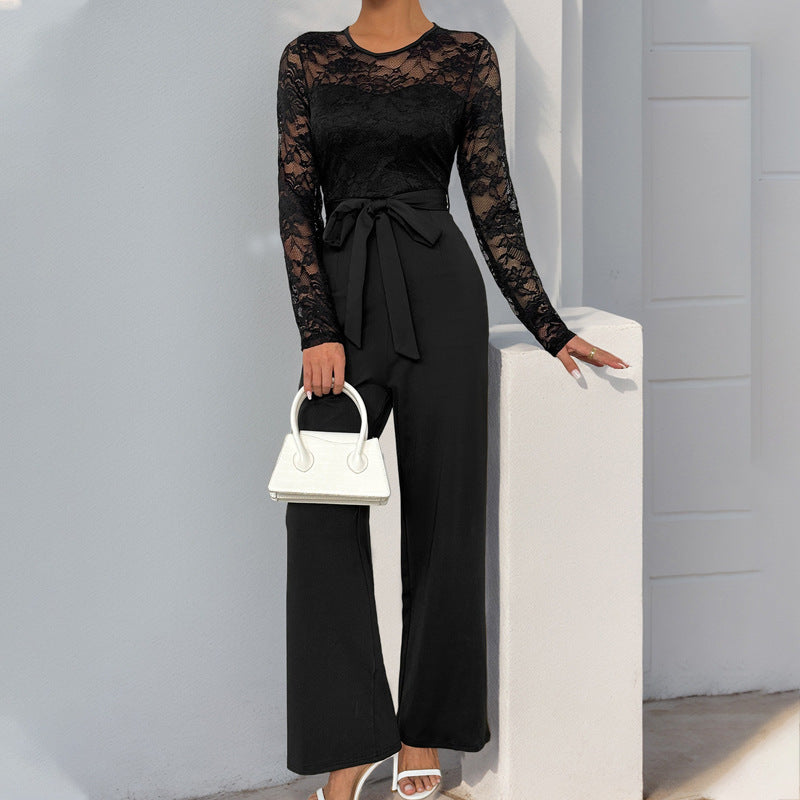 Women Elegant and Versatile Jumpsuit with Lace Top Mune Fashion