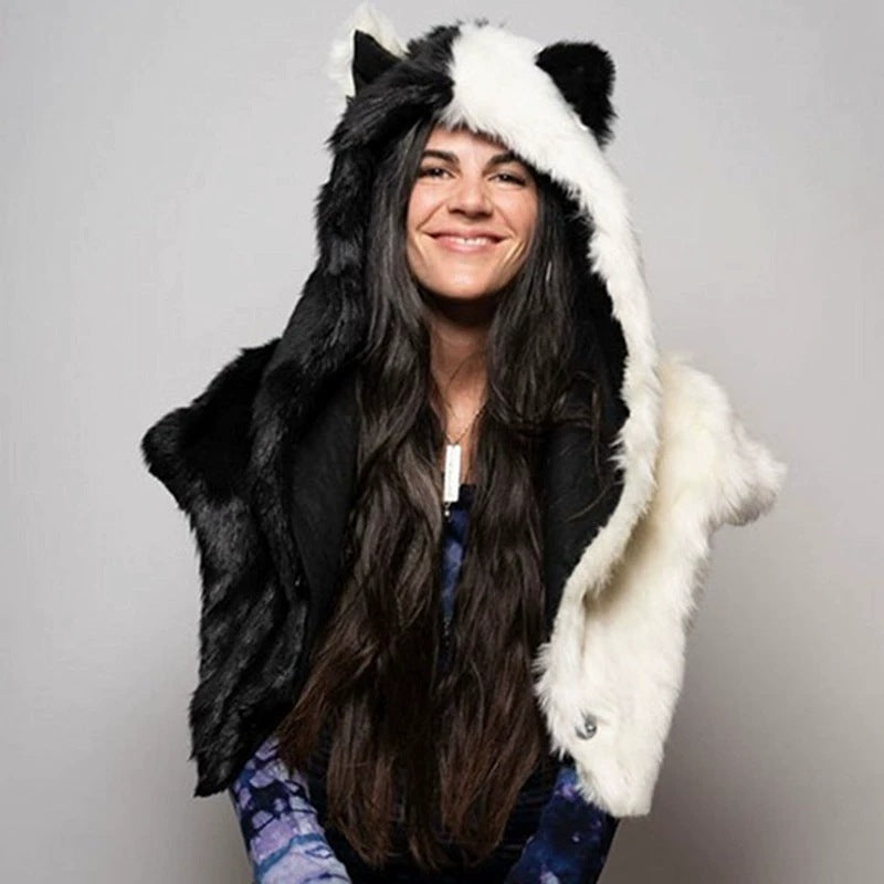Women’s hooded stole made of faux fur with animal ears and asymmetric cape Mune Fashion