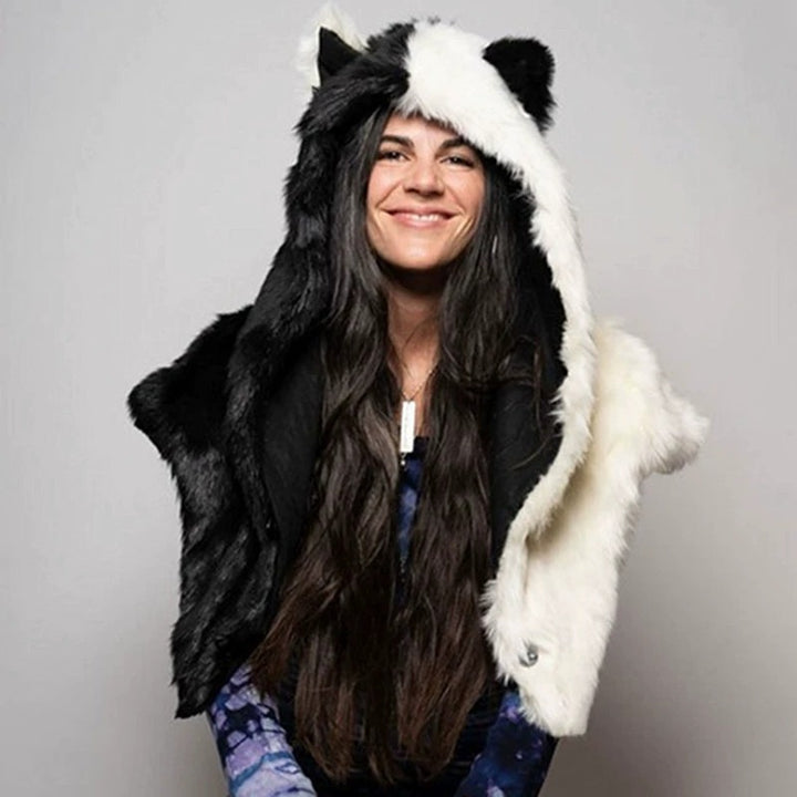 Women’s hooded stole made of faux fur with animal ears and asymmetric cape Mune Fashion