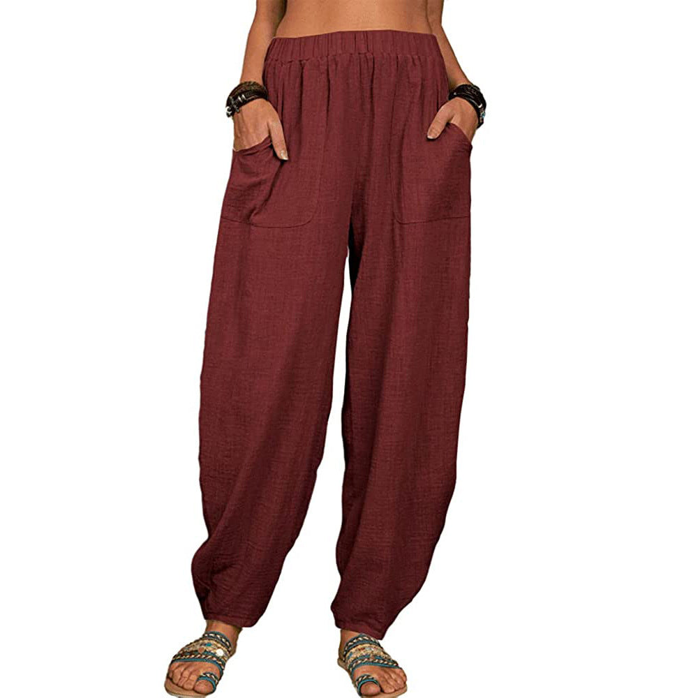 Women's relaxed linen pants with wide leg, elastic waistband and large patch pockets Mune Fashion