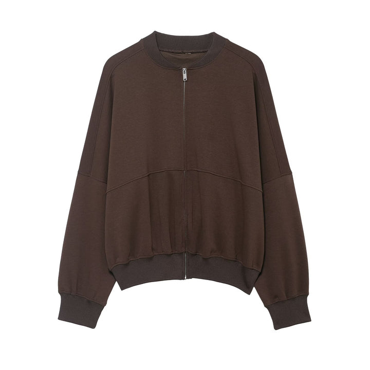 Women's Cropped Boxy Bomber Jacket with Two-Way Zipper and Elastic Waistband Mune Fashion