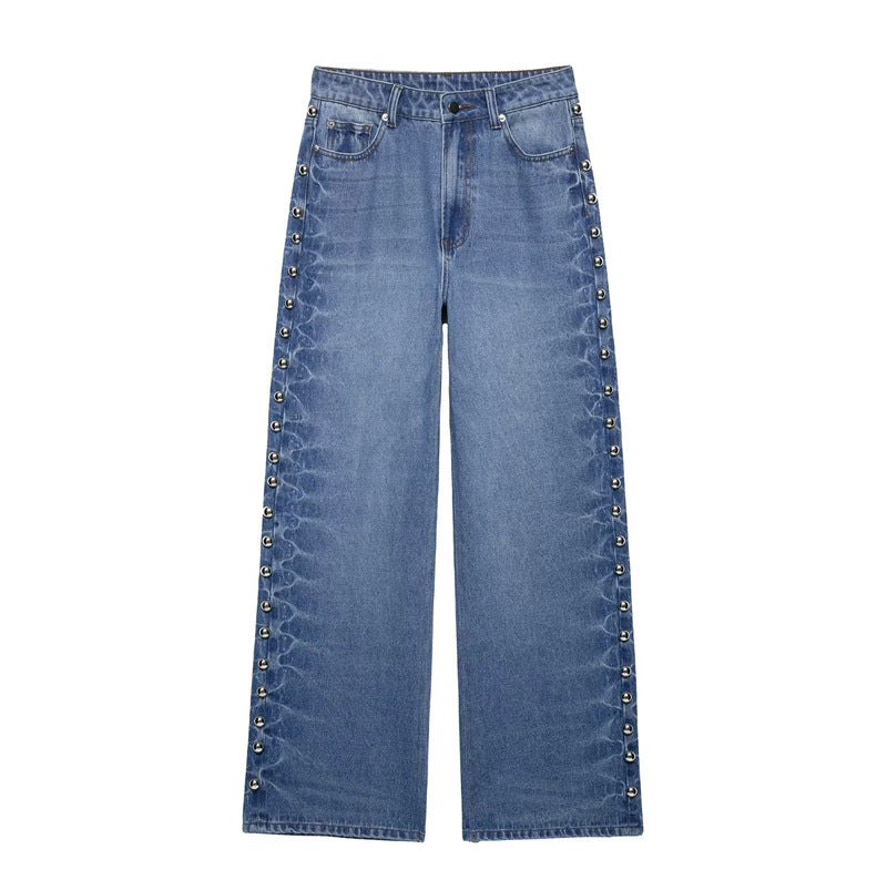 Ladies loose high waist jeans with metal eyelets and side lacing Mune Fashion