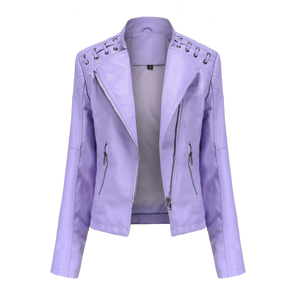 Women's short biker jacket made of faux leather with decorative eyelet lacing on the shoulders Mune Fashion