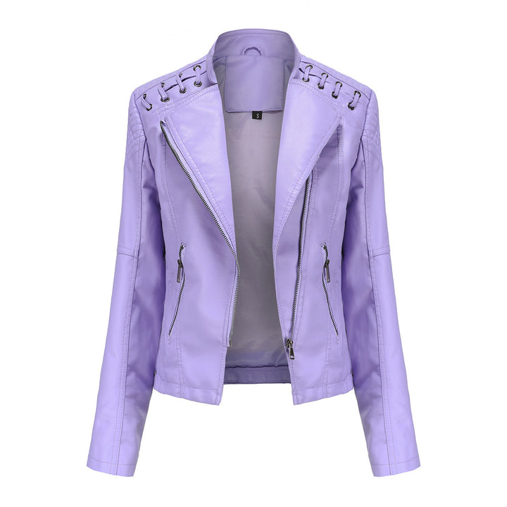 Women's short biker jacket made of faux leather with decorative eyelet lacing on the shoulders Mune Fashion
