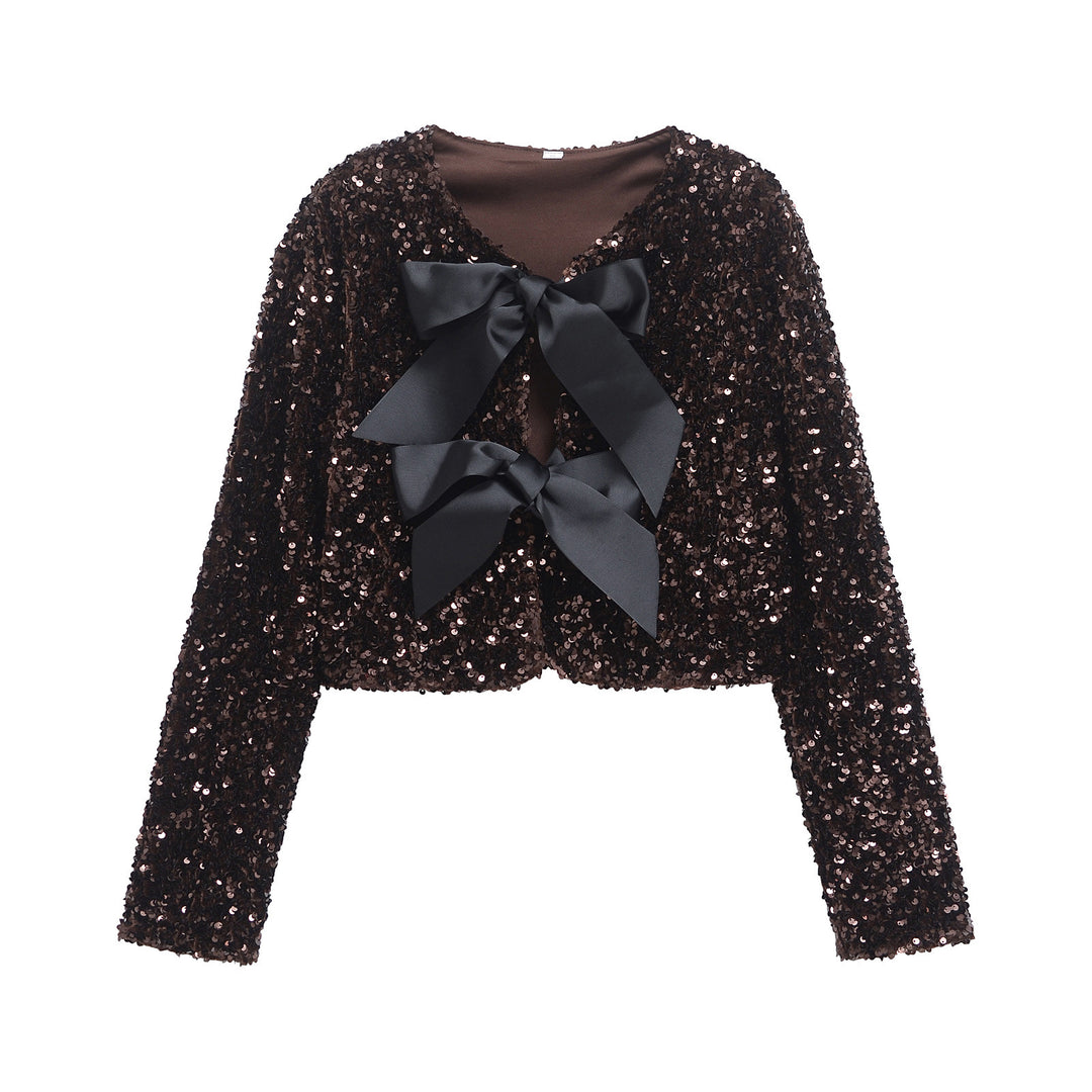 Women's sequin bolero jacket with double bow closure, padded lining and fitted cropped cut Mune Fashion