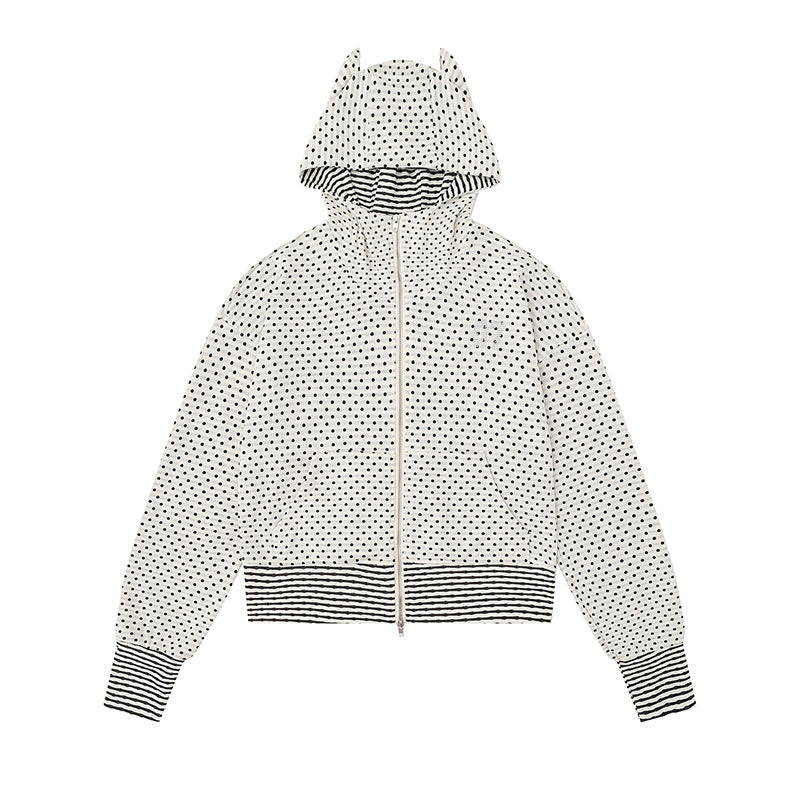 Ladies Hooded Sweat Jacket with Zipper, Ear Application and Allover Dots Mune Fashion