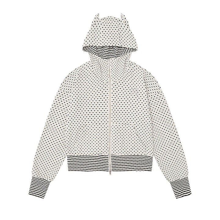 Ladies Hooded Sweat Jacket with Zipper, Ear Application and Allover Dots Mune Fashion