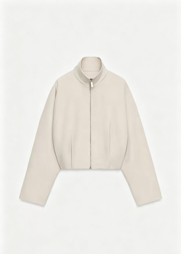 Women Short Boxy Jacket with Stand-up Collar and Visible Metal Zipper Mune Fashion