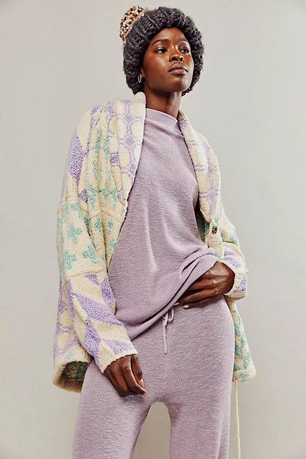 Ladies Oversized Cardigan with Shawl Collar and Graphic Pattern Mune Fashion