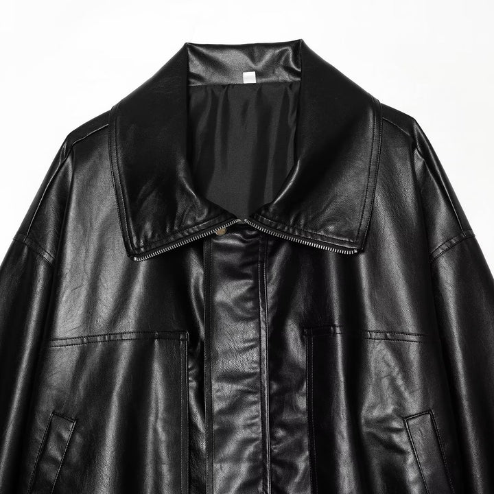 Women's Oversized Faux Leather Bomber Jacket with Wide Lapel Collar and Elastic Hem Mune Fashion