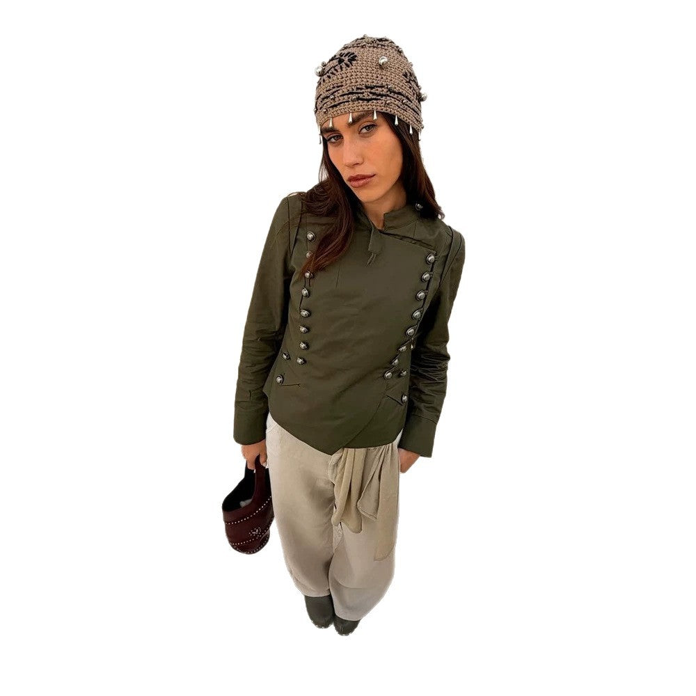 Women's Military-Inspired Short Jacket with Stand-Up Collar and Decorative Button Placket Mune Fashion