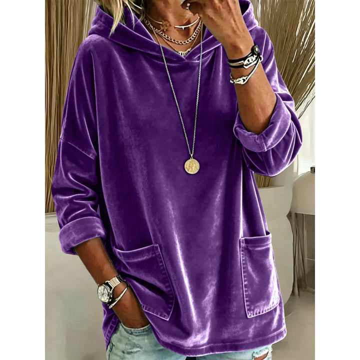 Women Velvet Hoodie with Hood, Oversized Cut and Applied Pockets Mune Fashion