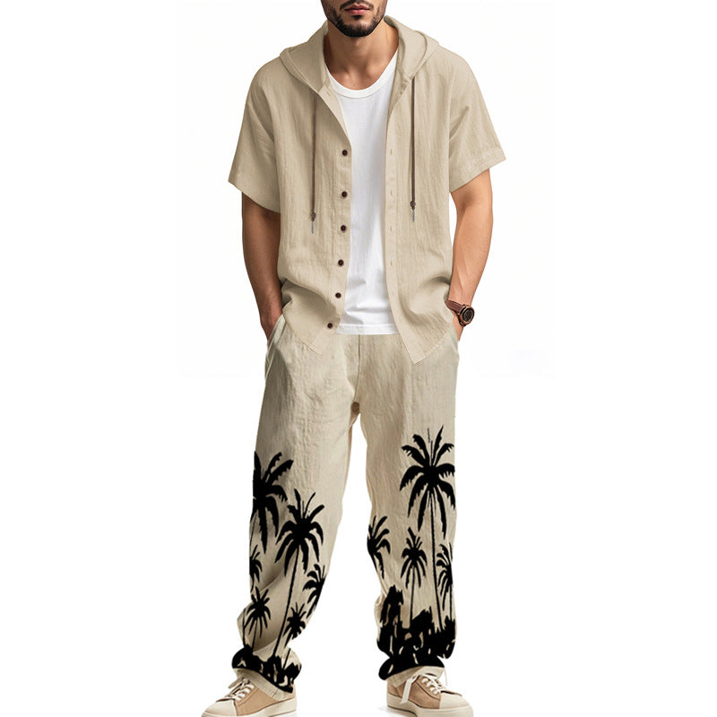 Men's casual summer ensemble with hoodie and wide palm motif pants Mune Fashion