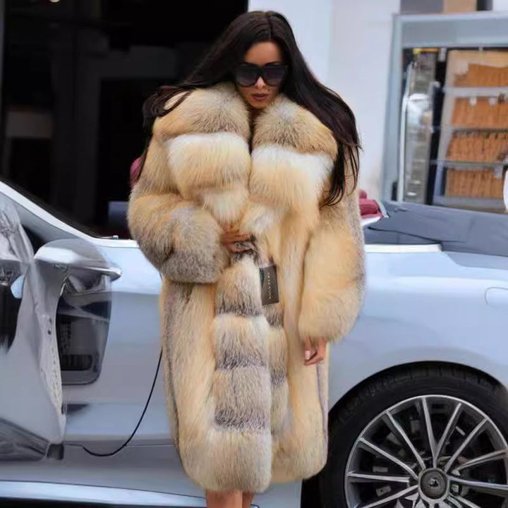 Women's Elegant and Luxurious Faux Fur Coat with Hood and Wide Collar Mune