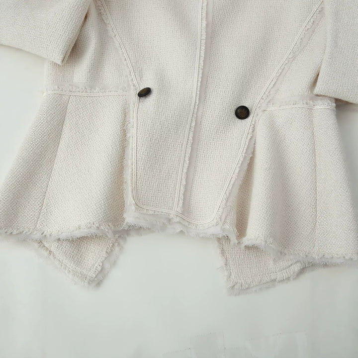 Women's Boucle Blazer with Stand Collar, Tailored Silhouette and Fringe Trim Mune Fashion
