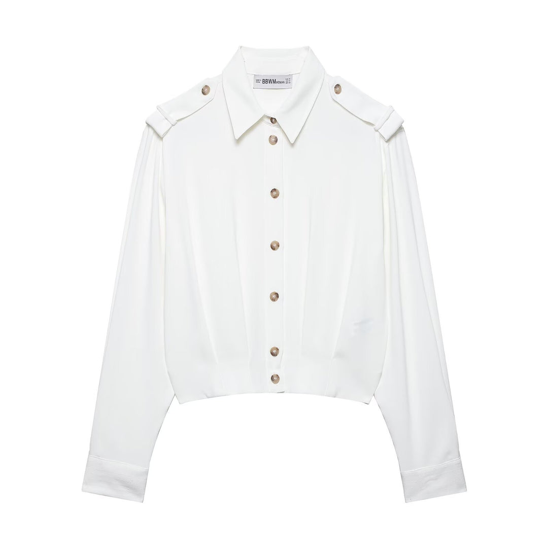 Women Cropped Blouse with Decorative Epaulettes and Tailored Corset Look Mune Fashion