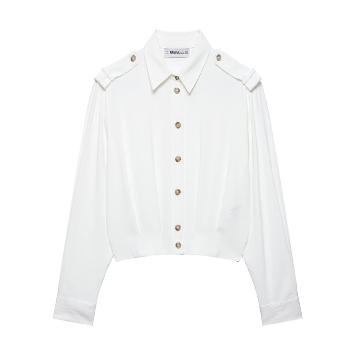 Women Cropped Blouse with Decorative Epaulettes and Tailored Corset Look Mune Fashion