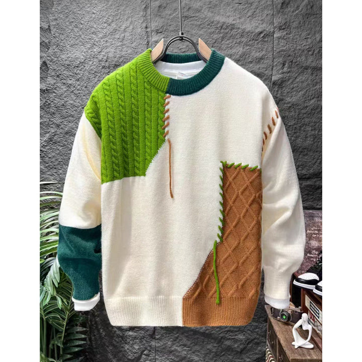 Unisex Patchwork-Oversize-Knitted Sweater with Cable and Diamond Pattern, Decorative Contrast Seams and Round Neckline Mune Fashion