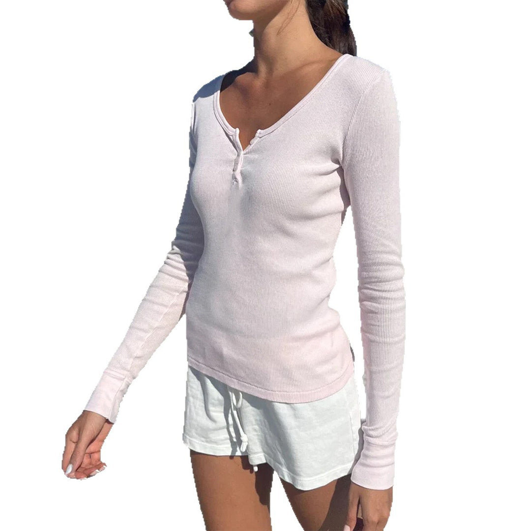 Women's fitted Henley long-sleeve shirt with deep U-neck, fine ribbed texture, and decorative button placket Mune Fashion