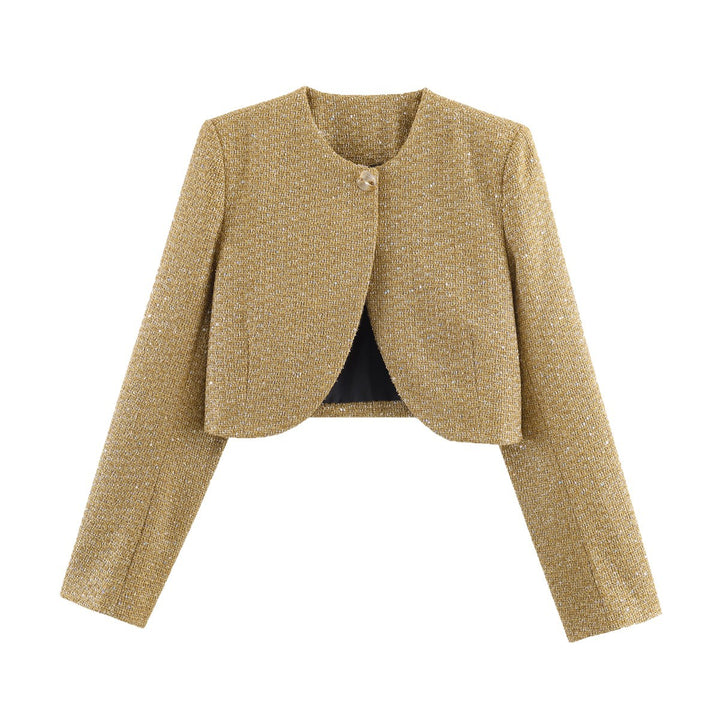 Women's Short-Cut Boucle Cropped Jacket with Round Neckline and Single Button Closure Mune Fashion