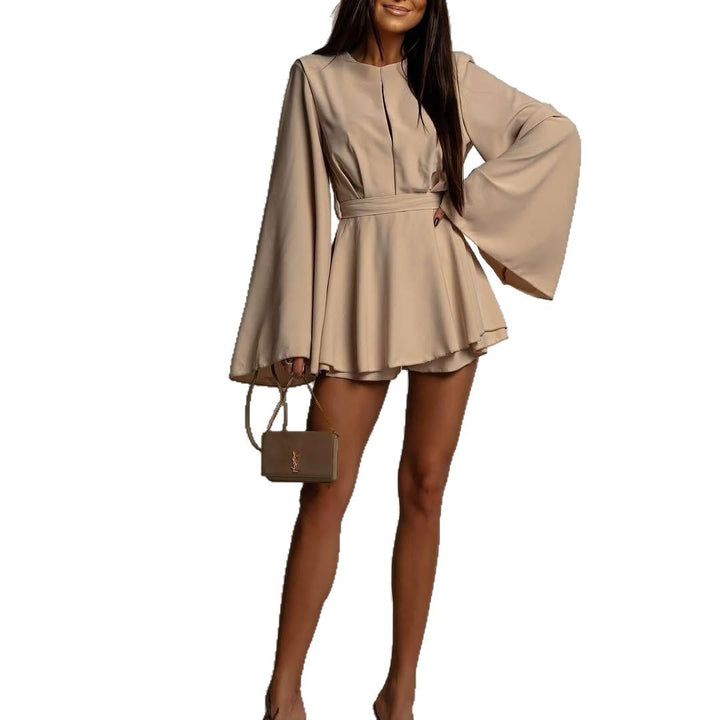 Women's Short Playsuit with Wide Kimono Sleeves and Waist Belt Mune Fashion