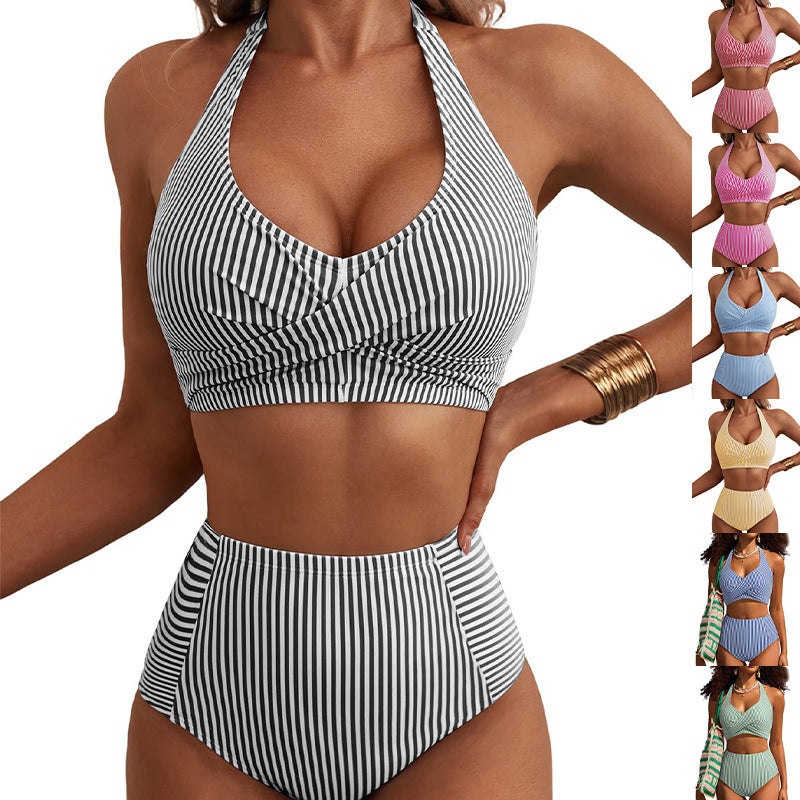 Women High-Waisted Striped Bikini Mune Fashion