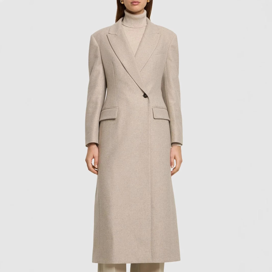 Women Tailored Longline Wool Blend Coat with Slim Silhouette and Single-Breasted Button Placket Mune Fashion