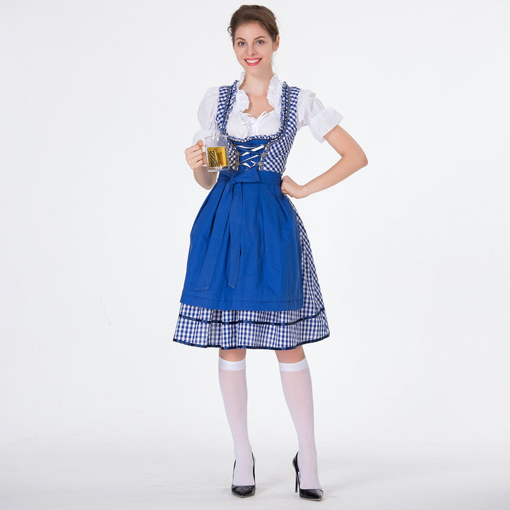 Women's checked dirndl dress with gathered apron and laced bodice front Mune Fashion
