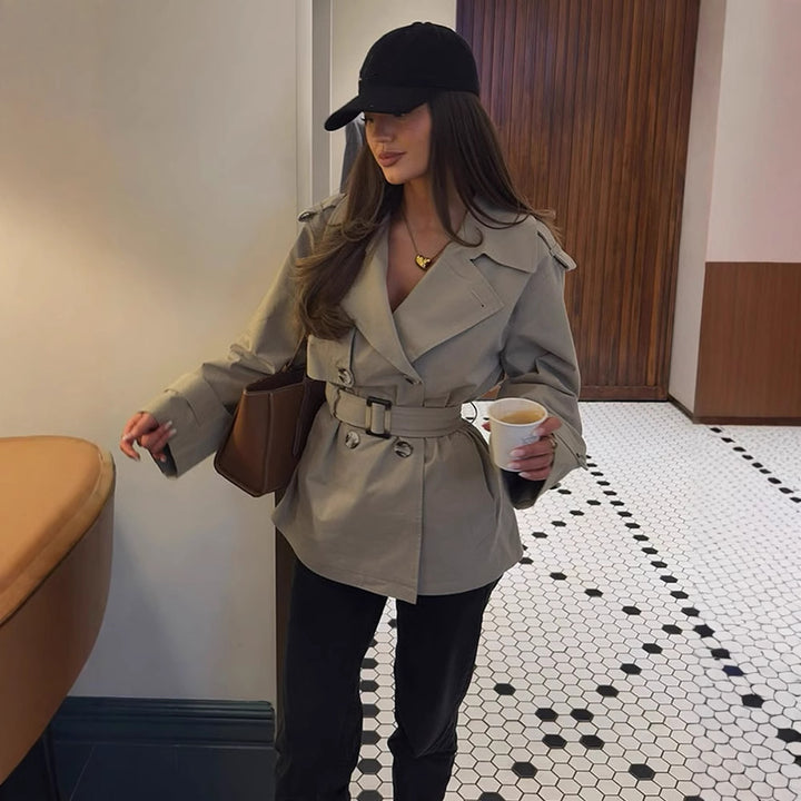 Women Short Tailored Trench Coat with Belt and Epaulettes Mune Fashion