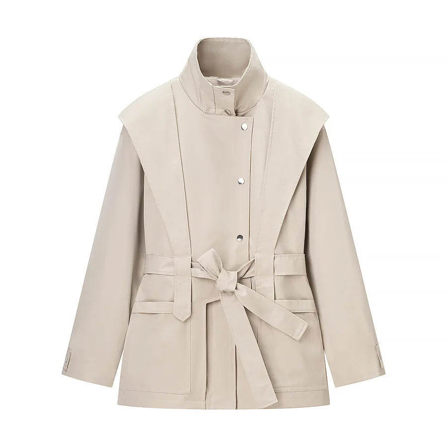 Women's cropped coat jacket with overlapping shawl collar, tie belt, and snap button placket Mune Fashion