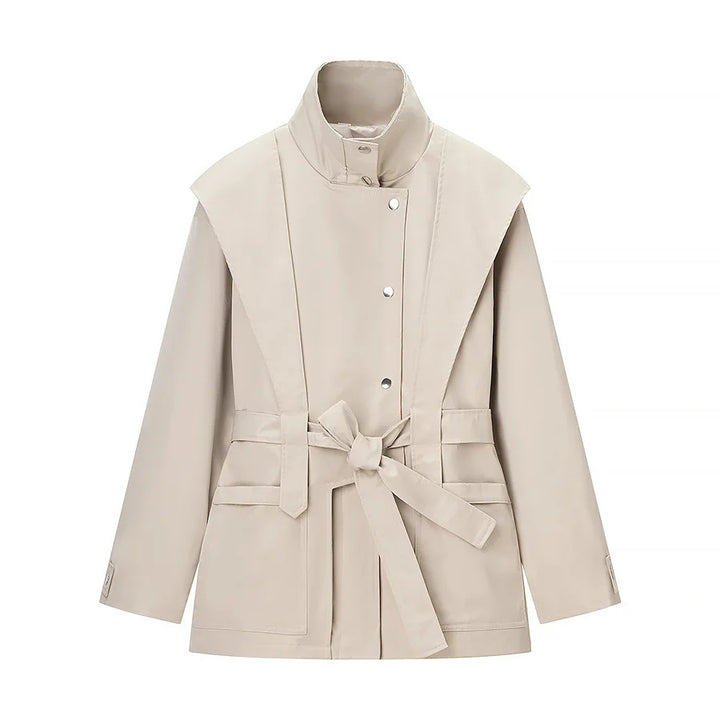 Women's cropped coat jacket with overlapping shawl collar, tie belt, and snap button placket Mune Fashion