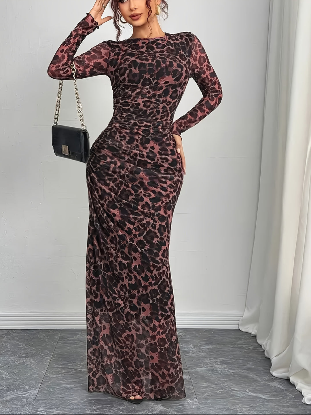 Women's figure-hugging maxi dress with animal print, gathered waist, and long sleeves Mune Fashion
