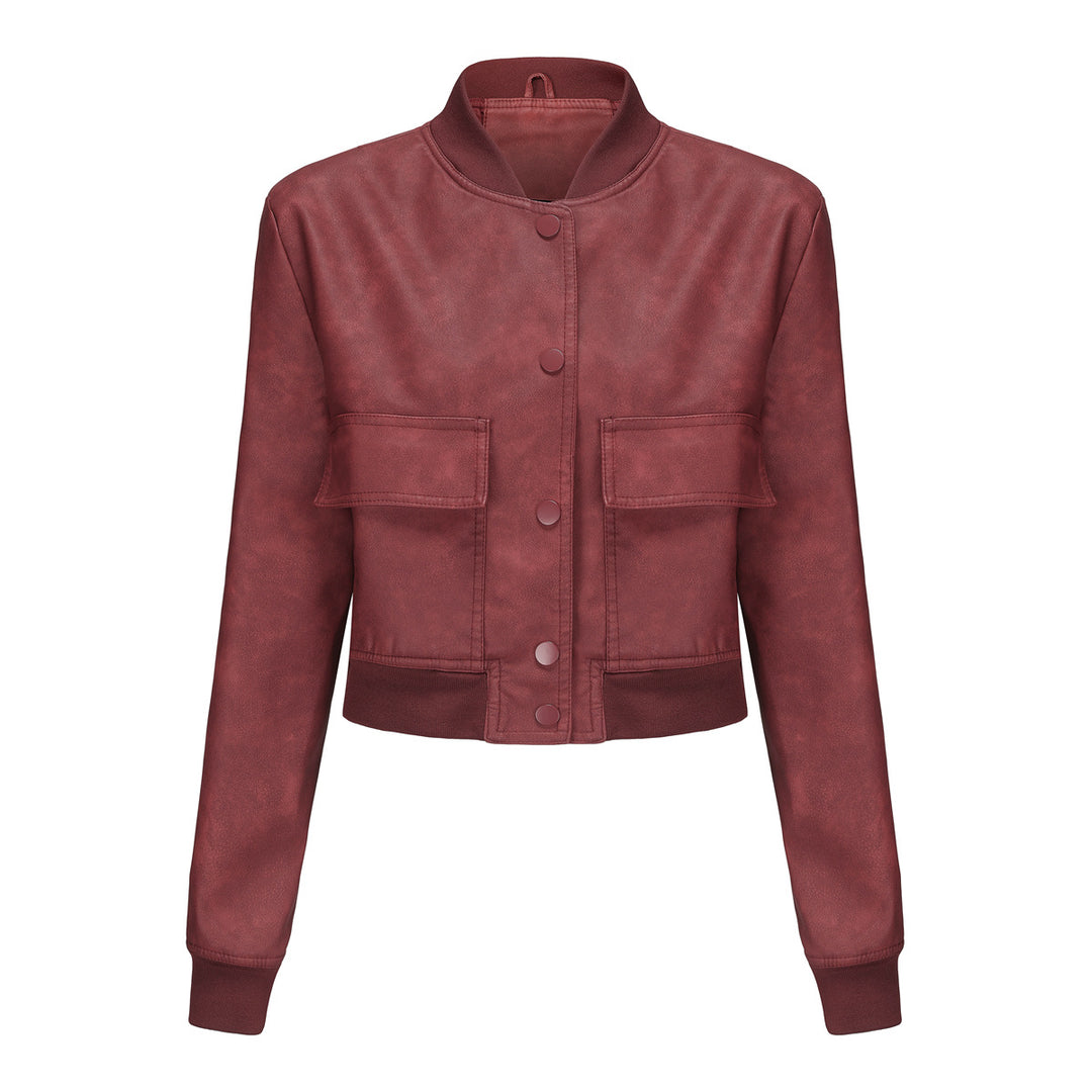 Women's short crop faux leather jacket in blouson style with snap front and flap pockets Mune Fashion