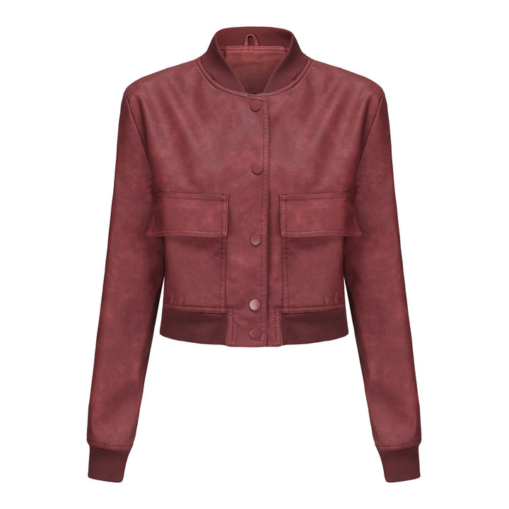 Women's short crop faux leather jacket in blouson style with snap front and flap pockets Mune Fashion