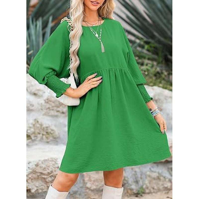 Women's Loose Babydoll Dress with Balloon Sleeves and Gathered Waist Mune Fashion