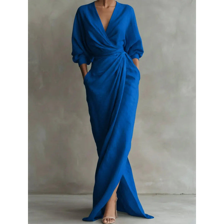Women's Draped Wrap Maxi Dress with Deep V-Neck, Waist Twist and Side Pockets Drune