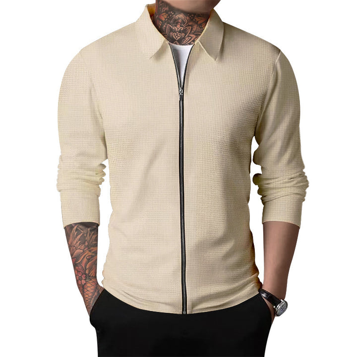 Men's lightweight waffle structure zip shirt with Kent collar, slim fit and continuous zipper Mune Fashion