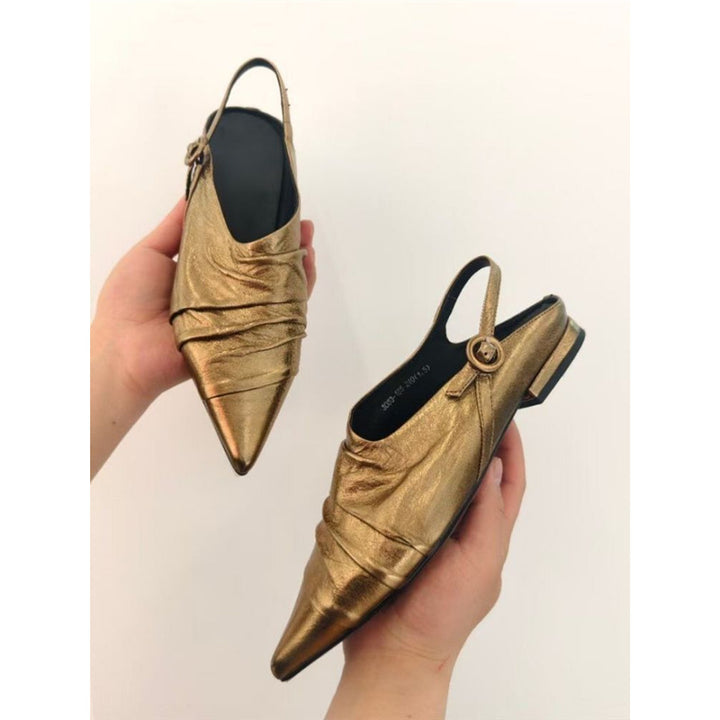 Women's pointed toe slingback mules with decorative strap and ergonomic flat heel Mune Fashion