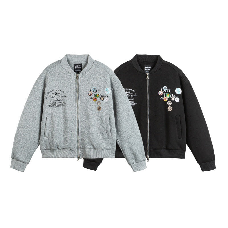 Unisex Boxy Sweat Jacket with full zip, badge applications and ribbed hem Mune Fashion