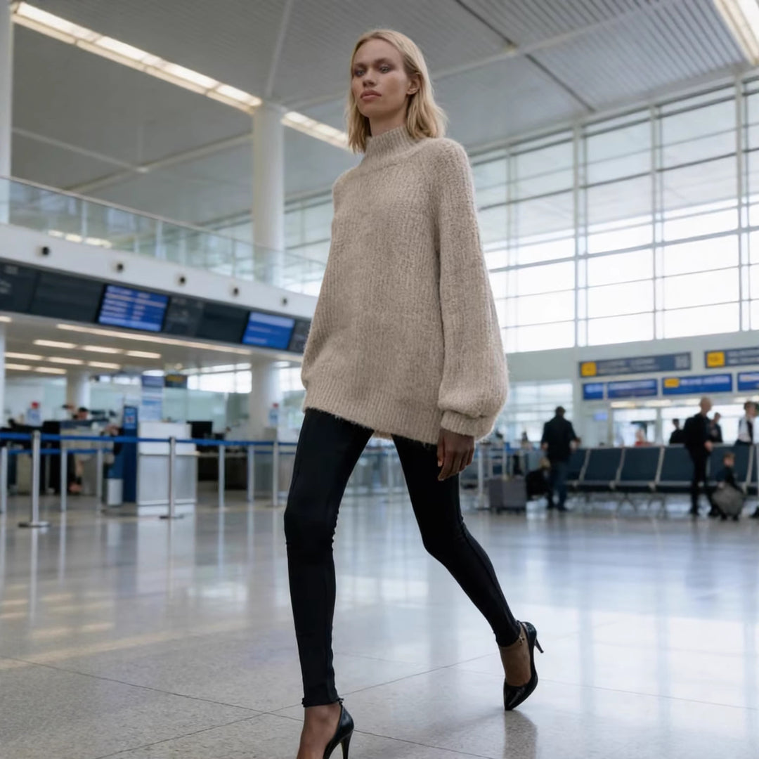 Women Oversize Mohair-Optic Knit Sweater with Stand-Up Collar and Balloon Sleeves Mune Fashion
