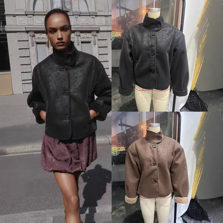 Women's short-cut artificial lambskin jacket with stand-up collar, button closure, and foldable faux-fur cuffs Mune Fashion