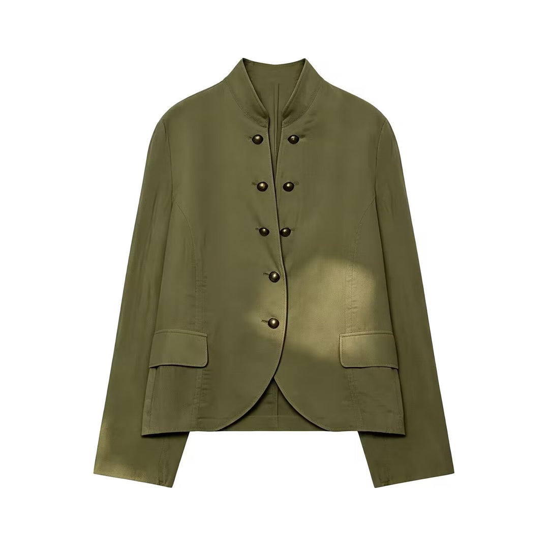 Women's short blazer in military style with stand-up collar and decorative metal buttons Mune Fashion