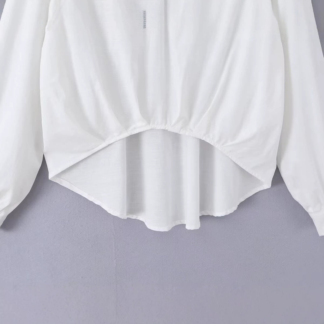 Women's loose blouse with V-neck, shirt collar, and gathered high-low hem Mune Fashion