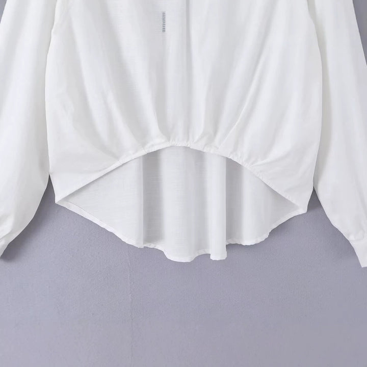 Women's loose blouse with V-neck, shirt collar, and gathered high-low hem Mune Fashion