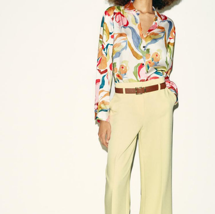 Women Silk-imitate Blouse with Watercolor Print and Shirt Collar Mune Fashion