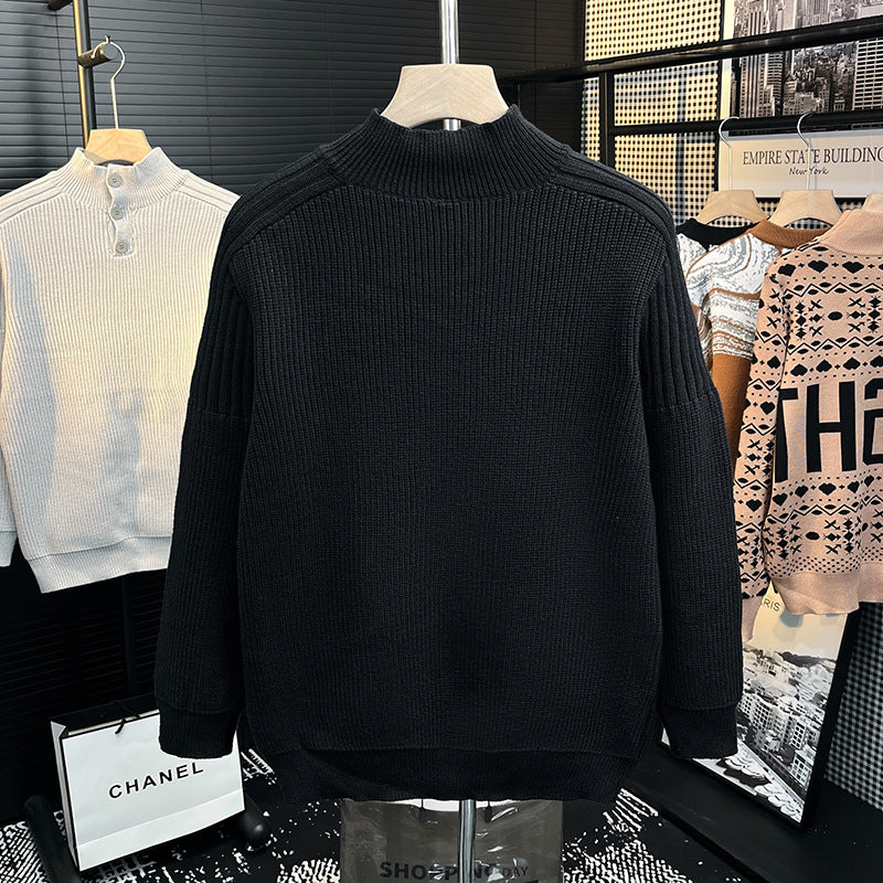 Men's chunky knit pullover with half button placket and high stand-up collar Mune Fashion