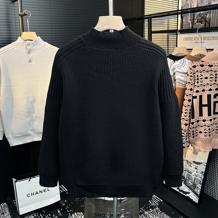 Men's chunky knit pullover with half button placket and high stand-up collar Mune Fashion