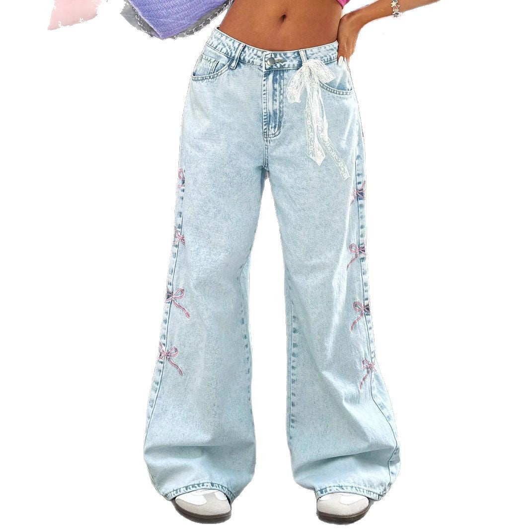 Ladies wide high-waist denim jeans with lace band belt and flared leg Mune Fashion
