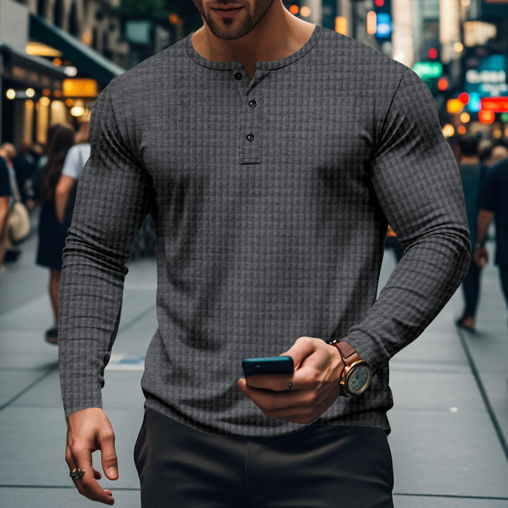 Men's fitted long-sleeve shirt with round neck button placket and waffle structure Mune Fashion